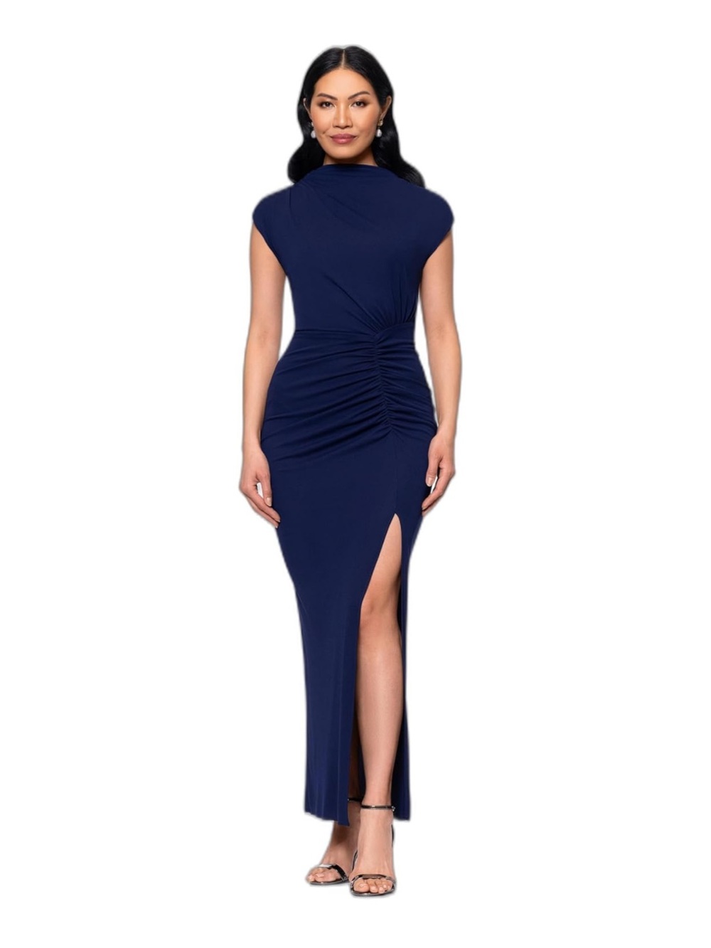 Betsy & Adam Navy Blue Ruched Side-Slit Cocktail Dress - Size 12/Large